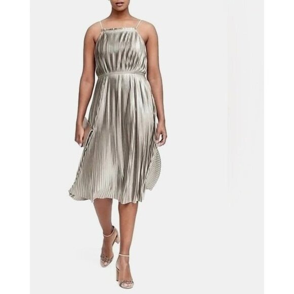 Banana Republic Dresses & Skirts - Banana Republic Dress 14 Silver Pleated Fit-and-Flare Metallic Cocktail Party